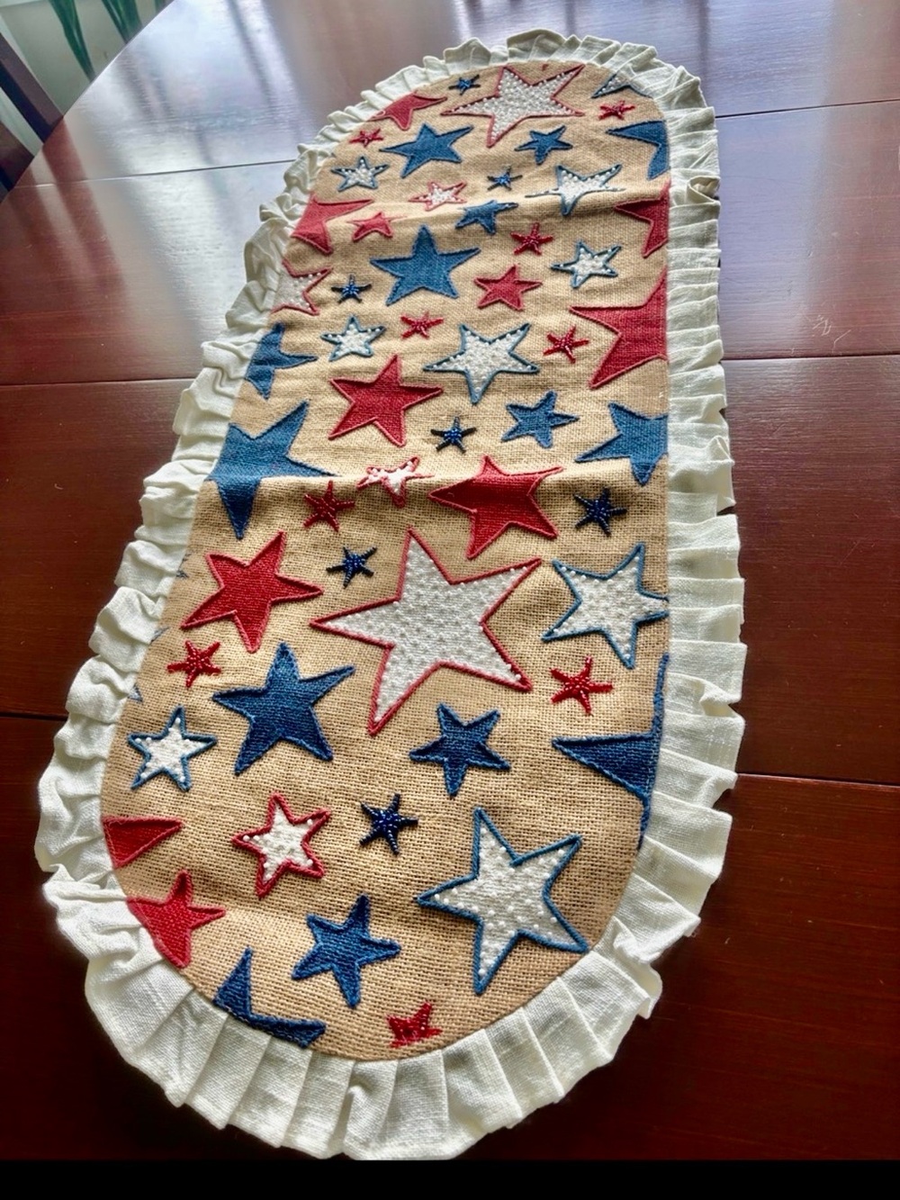 At Home Handcrafted American stars beaded, jute,ruffle edge,table runner,patriot